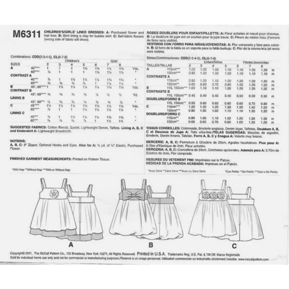 McCall's Sewing‎ Pattern 6311 Girls Lined Dress Size 6-8